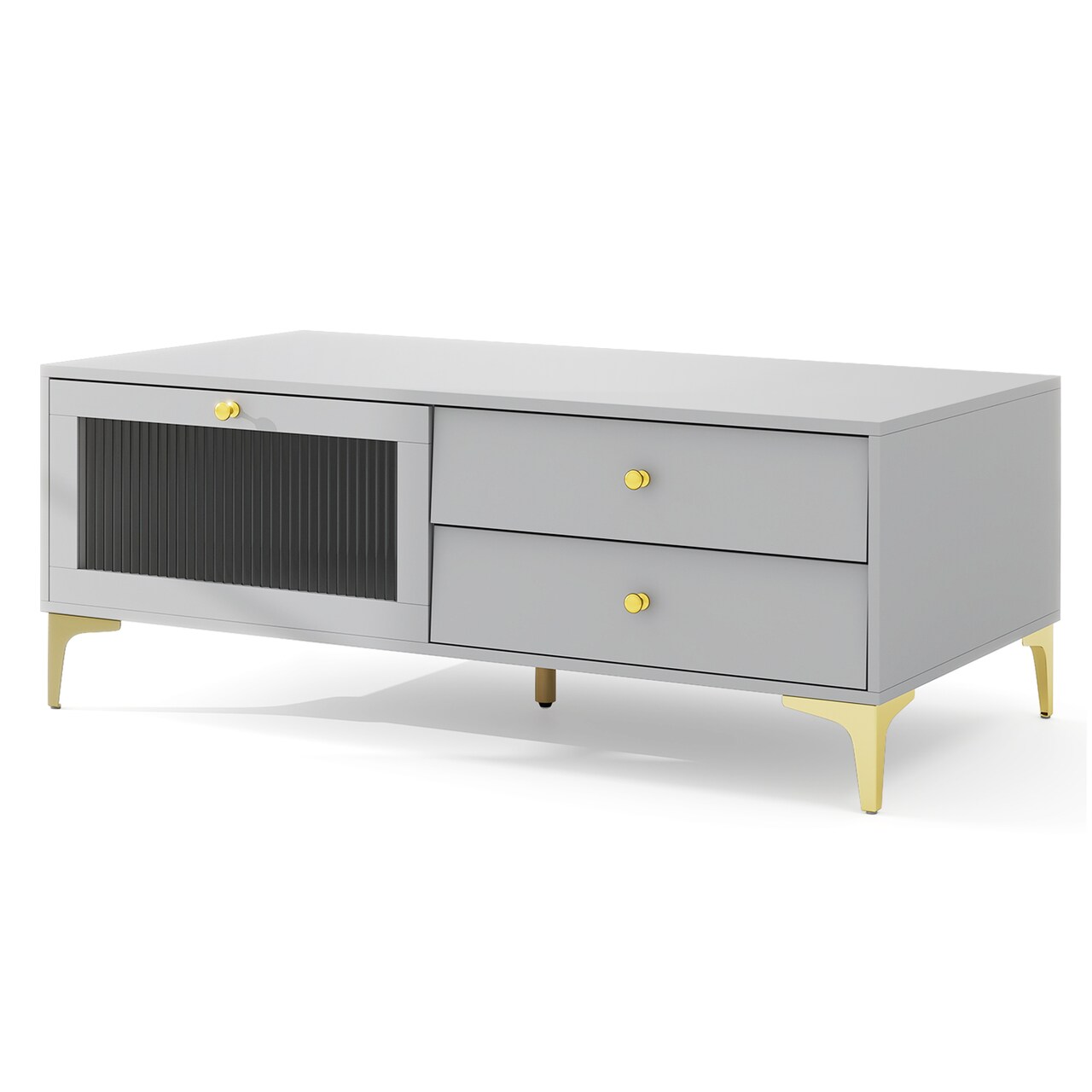 Grey MDF and Metal TV Stand with Tempered Glass, Storage Drawers and Modern Design